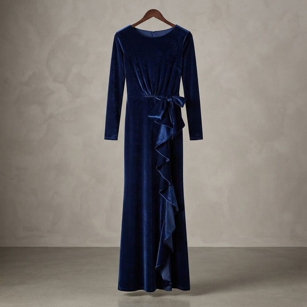 Miss Ord Long Sleeve Velvet Maxi Dress Women Size M Blue Ruffle Evening Gown